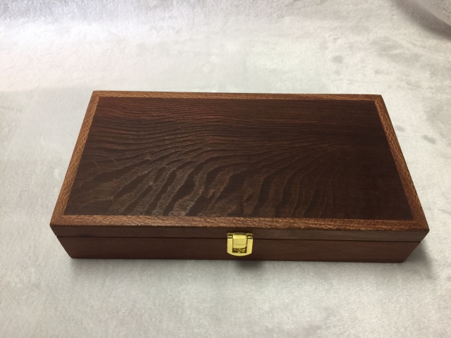 Jarrah Box with 5 divisions in Black Lining and Woody Pear Lid with Brass Hook and Eye Catch