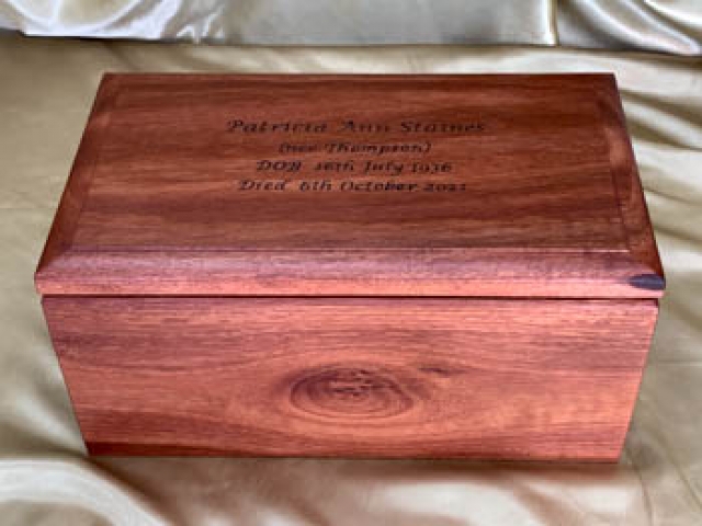 Custom Made Jarrah Human Cremation Box - Medium Rectangular with Pyrography Inscription