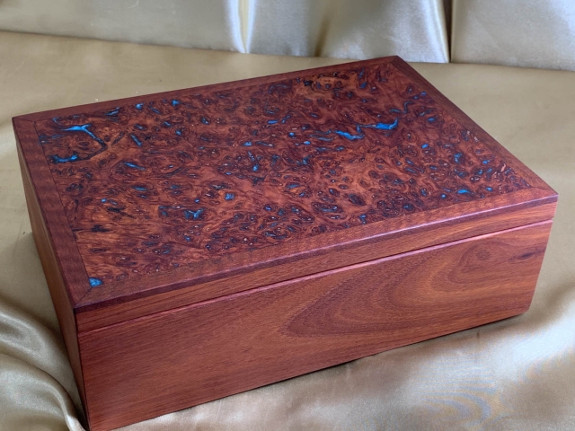 PLTB 2324-L7893 - Super Special Jarrah Treasure / Jewellery Box - Blue Resin Filled Jarrah Burl Lid
