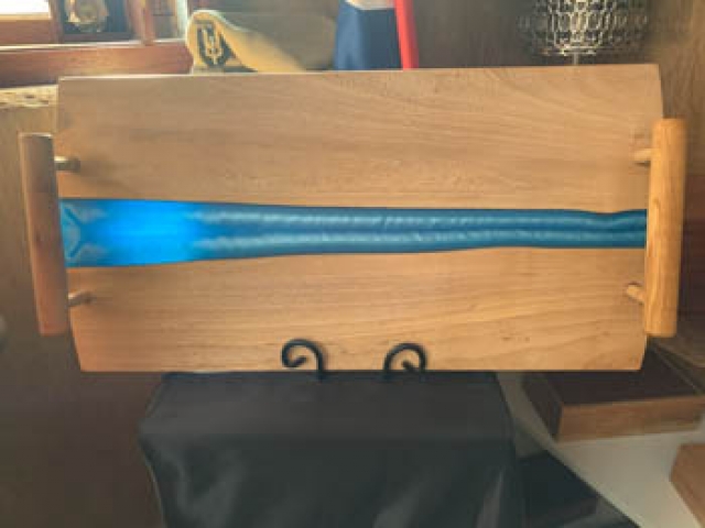 TB 2406-L0247 - Premium Timber Grazing Board with Blue Resin "Flash" - Australian Camphor