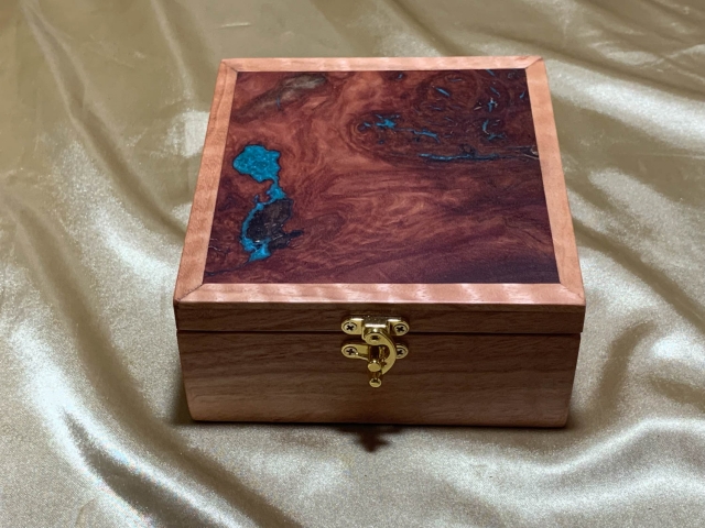 Limited Edition Pink Jarrah Keepsake Box with Blue Resin Filled Jarrah Burl Lid