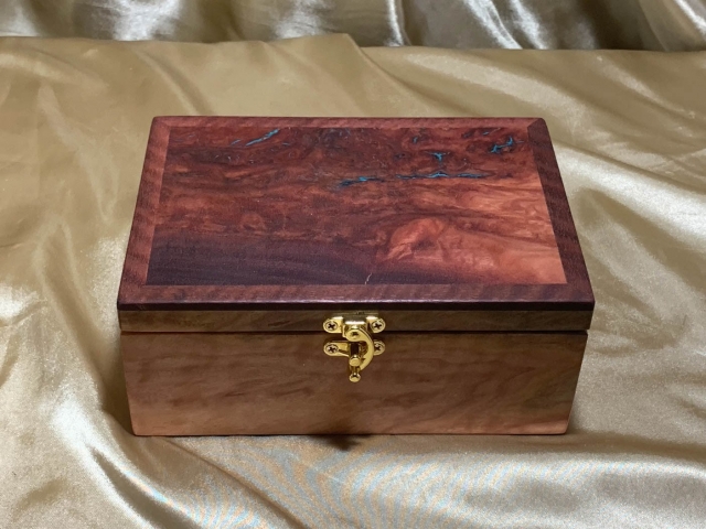 Pink Jarrah Keepsake / Trinket Box with Blue Resin Filled Jarrah Burl Lid