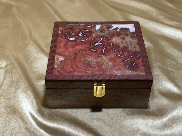 Small Limited Edition Wooden Jewellery Box with Resin Filled Jarrah Burl Lid
