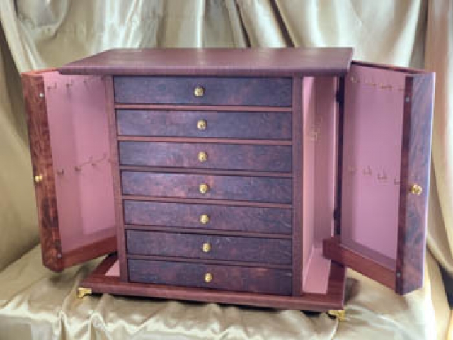 Custom Made Australian Woody Pear 7 Drawer Jewellery Box with Side Wings