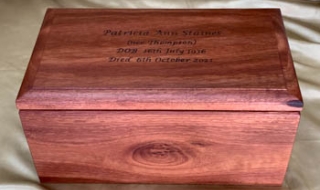 Custom Made Jarrah Human Cremation Box - "Standard Design" Rectangular with Pyrography Inscription
