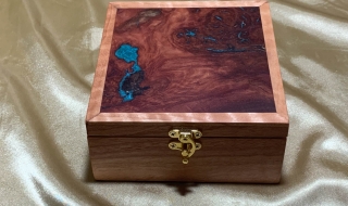 LEDRKB 25004-L4165 - Limited Edition Pink Jarrah Keepsake Box with Blue Resin Filled Jarrah Burl Lid SOLD